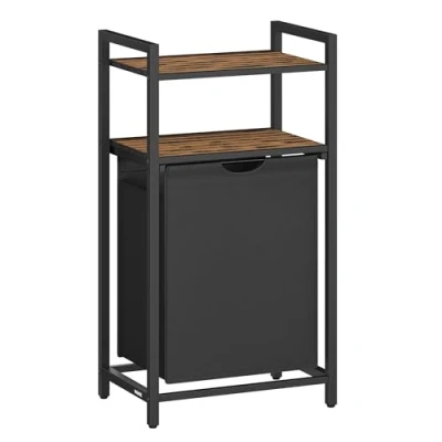Afbeelding van VASAGLE wasmand, wasmand met 2 planken, waszak uitschuifbaar en afneembaar, 65 liter, voor badkamer, wasruimte, vintage bruinzwart BLH212B01
