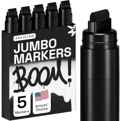 Afbeelding van Artistro Graffitimarkeerset, 5 jumbo zwarte graffiti stiften, 15 mm viltpunt, graffitistiften set voor rotsschilderen, steen, keramiek, glas, hout, canvas
