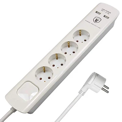 Afbeelding van FeinTech MD000432 4 voudige stekkerdoos met USB oplader, 1,5 m kabel platte stekker, 3680 W