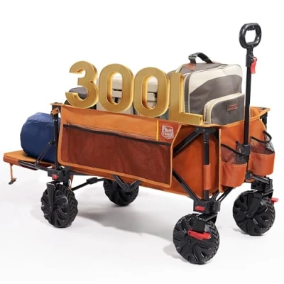 Afbeelding van TIMBER RIDGE Bolderkar, opvouwbaar, XXXL, extra lang, met opvouwbare achterklep, strandwagen rem, zijzak, bekerhouder, verstelbare handgreep, tuinwagen, transportwagen voor alle terreinen