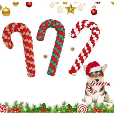 Afbeelding van Hondenkauwspeelgoed, 3 stuks hondenspeelgoed, suikerstok, kerstcadeau, kerstsnoepstok, touw, katoen, interactief hondenspeeltouw voor tandreiniging