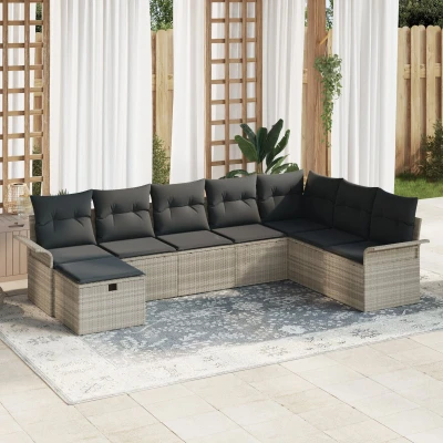 Afbeelding van vidaXL 8 delige Tuinbank Set met Kussens Lichtgrijs Poly Rattan, 2 Zits Opbergruimte &amp; Rattan