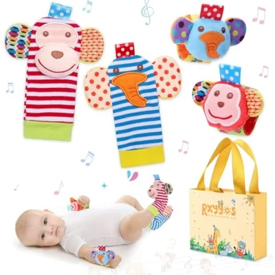 Afbeelding van RXYYOS 4 stuks babypols en sokken rammelaar speelgoed set pols riem rammelaars voet finder dier baby voetsokken met (stijl 3)