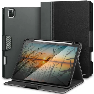Afbeelding van KingBlanc Hoes voor iPad Pro 11 inch 4e/3e/2e/1e generatie (2022/2021/2020/2018) met potloodhouder, veganistisch lederen Smart Folio, ondersteunt Apple Pencil 2 zwart