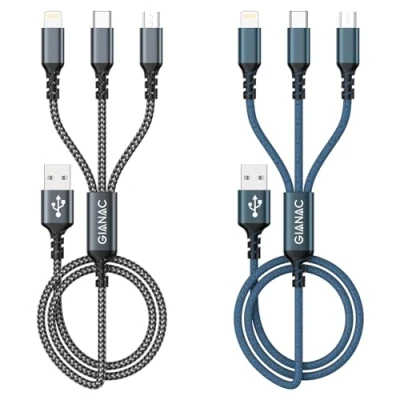 Afbeelding van Multi USB Kabel,GIANAC Universal Ladekabel [1.2M 2Pack] Schnell 3 in 1 Mehrfach Ladekabe Micro +USB C+ Lightning für iPhone15,14, Android Galaxy, Huawei, Oneplus, Sony, LG, Honor View