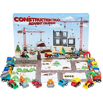 Afbeelding van KreativeKraft adventskalender 2024 met 24 gegoten mini raceauto&#039;s of bouwtrucks (bouwtrucks)