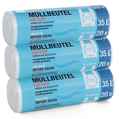 Afbeelding van 60 stuks afvalzakken Premiumline: 35 liter, verpakking van 3, afmetingen: 54 x 63 cm bijzonder scheurvast en waterdicht met draaggreep/handvat