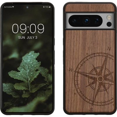 Afbeelding van kwmobile telefoonhoesje geschikt voorGoogle Pixel 8 Pro Hoesje met bumper walnoothout In donkerbruin Vintage Kompas design