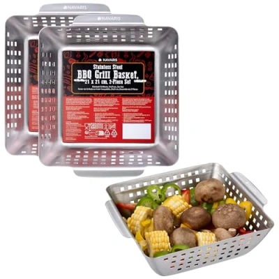 Afbeelding van Navaris 2x roestvrijstalen grillmandje BBQ pan voor barbecueën, grillen, garen en uitlekken schaal mandje 21x21x7,5 cm RVS