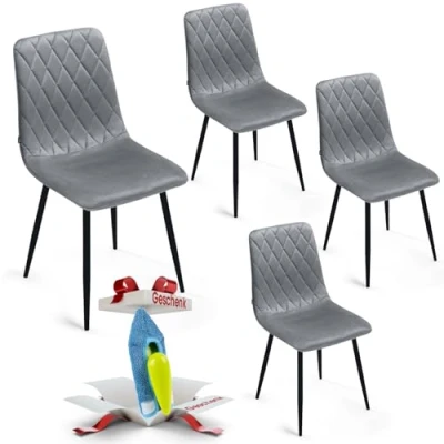 Afbeelding van Eetkamerstoelen set van 4 Grijs fluweel metalen been woonkamerstoel fluwelen stoel roestvrijstalen keukenstoel zwarte poten polyester