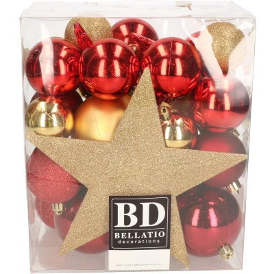 Afbeelding van Bellatio Decorations set 33x stuks kunststof kerstballen met ster piek rood en goud Kerstbal
