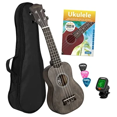 Afbeelding van CASCHA Sopraan ukelele set voor kinderen en volwassenen, starterset met 3 plectrums tas, leerboek, leervideo&#039;s via QR code, stemapparaat, Aquila snaren, nylon, kleine Hawaï gitaar, zwart