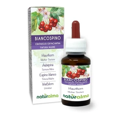 Afbeelding van Tweestijlige meidoorn (Crataegus oxyacantha) bladeren en bloemen Alcoholvrije moedertinctuur Naturalma Vloeibaar extract druppels 60 ml Voedingssupplement Veganistisch
