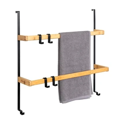 Afbeelding van eluno Hangende deurrek van metaal en bamboe, handdoekhouder met 2 handdoekstangen, 4 praktische haken, om op te hangen zonder boren (zwart)