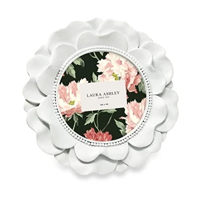 Afbeelding van Laura Ashley 4x4 witte ronde hars sierlijke bloem ontwerp fotolijst met kralen rand, voor tafelblad en muur display, Floral Home D cor (wit)