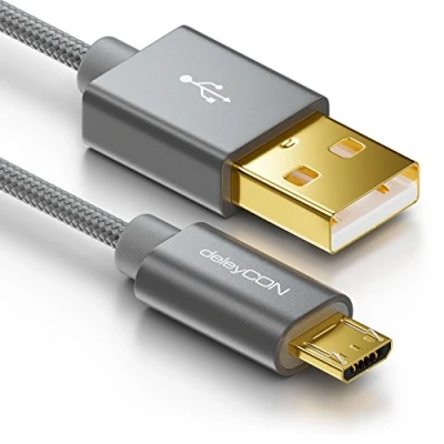 Afbeelding van deleyCON Micro USB Kabel 1m Nylon + Metalen Stekker Oplaadkabel Datakabel Snellaadkabel Smartphone Tablet PC Laptop Notebook Grijs
