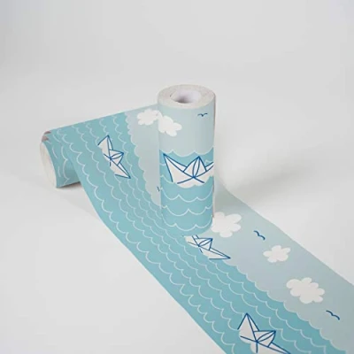 Afbeelding van PAPIEREN BOOTJES BEHANGRAND Zelfklevend blauw wit A.S. Création Lovely Kids