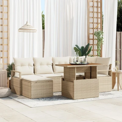 Afbeelding van vidaXL 7 delige Tuin Sofa Set met Kussens Beige Poly Rattan Acacia