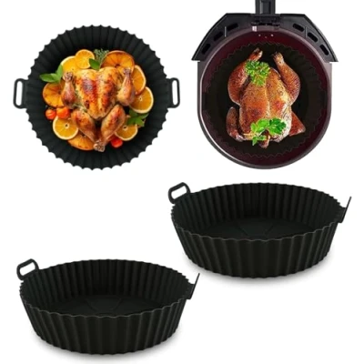 Afbeelding van 16 cm ronde siliconen luchtfriteuse voering, 2 stuks antiaanbaklaag, herbruikbaar en vaatwasmachinebestendig, hittebestendige matten voor COSORI, Ninja, past op airfryer mand, vetvrij