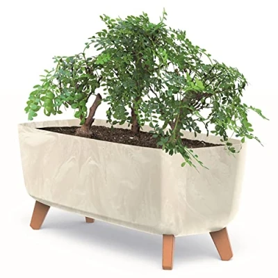 Afbeelding van botle Bloempot aan de poten potten plantenbak 58 cm breed romige kunststof bloembak met inzet in betonlook, overpotten, geldboom, cactussen rubber