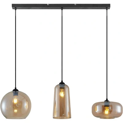 Afbeelding van Lucande hanglamp 3 lichts Metaal, glas E27 zwart, amber