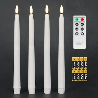 Afbeelding van Fanna Vlamloze conische kaarsen met timer, op batterijen werkende echte was afgewerkt, afstandsbediening en inbegrepen set van 4 (wit)