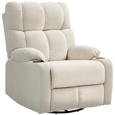 Afbeelding van HOMCOM Relaxstoel, televisiestoel met ligfunctie, schommelfunctie, draaibare tv stoel voetensteun, pocketvering en bekerhouder, voor woonkamer, beige