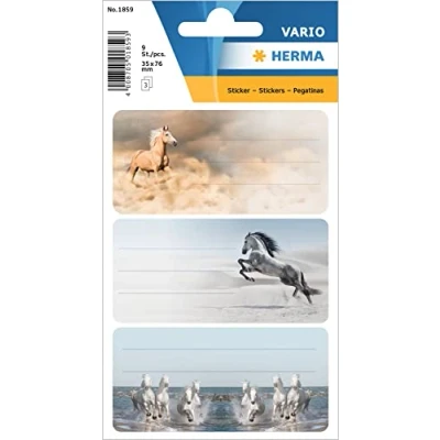 Afbeelding van HERMA 1859 boeketiketten om te beschrijven, paarden (76 x 35 mm, 9 naamstickers, papier, mat) zelfklevend, permanent hechtende schooletiketten voor boeken, schriften, dozen, huishouden, kleurrijk