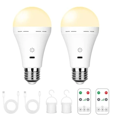 Afbeelding van USB C Oplaadbare Gloeilamp Met Afstandsbediening, 7W Batterij Aangedreven Lamp, Touch Control Dimbare LED Gloeilamp, Camping Noodlamp Haak, Smart E27 Multifunctionele Lamp,3000k/2 pack