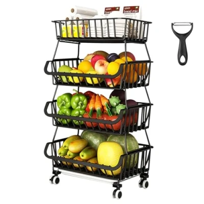 Afbeelding van YUTUY Metalen draadmanden met wielen,Groentewagen 4 niveaus, opbergmand voor groenten van metaal,afneembare groentewagen wieltjes het bewaren en fruit