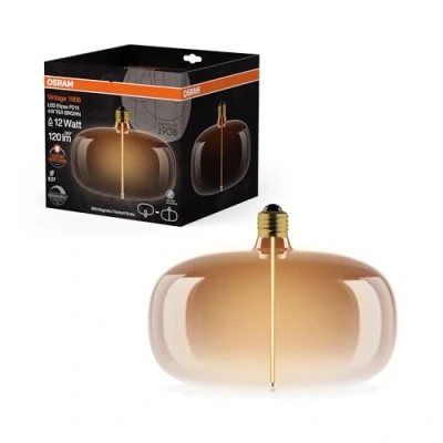 Afbeelding van OSRAM Vintage 1906 Big Elipse is a dimmable LED lamp with filament in the shape of an ellipse. It offers 4 W for 120 lm, E27 socket, Tea Brown glass, 215 mm diameter, colour rendering CRI 80, 1,800 K.