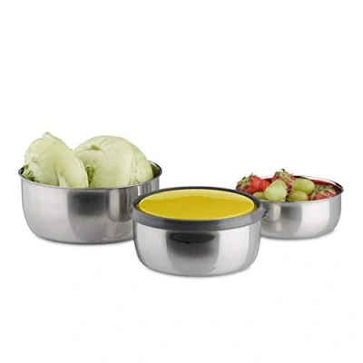 Afbeelding van Relaxdays schalen met deksel, 3 delige set, versch. groottes, rvs, als mangkom, slakom of vershoudbakje, in het geel