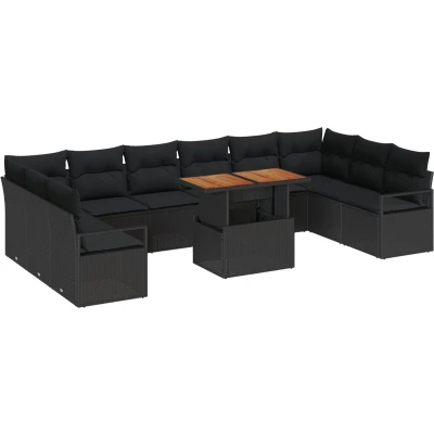 Afbeelding van vidaXL 11 delige tuin sofa set met kussens zwart poly rattan, 2 zits opslag &amp; rattan