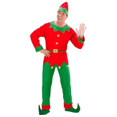 Afbeelding van Widmann Kerst &amp; Oud Nieuw Kostuum Elf Man Santas Hulpje Rood, Groen Medium Verkleedkleding
