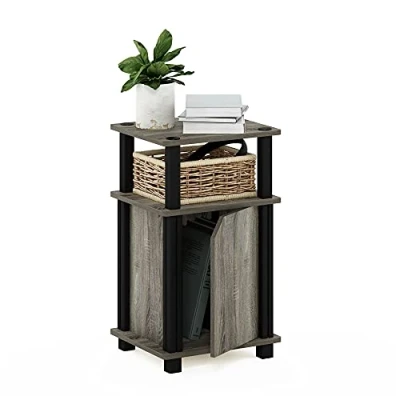 Afbeelding van Furinno 3 tier End Side Sofa Tafel/Nighstand met deur, hout, Frans eiken/zwart, Pack van 1