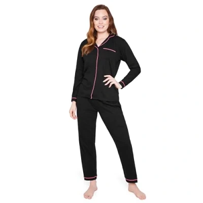 Afbeelding van Damespyjama set klassieke nachtkleding met lange mouwen en broek, pyjama&#039;s, gezellige katoenen loungewear S XL cadeaus voor haar, Zwart,
