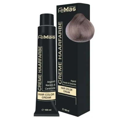 Afbeelding van FemMas Haarverf, lichtblond, as 9.1, professionele crème haarverf in bruin met verzorgende arganolie, keratine en ceramiden, als permanente haarkleuring of tint, 100 ml