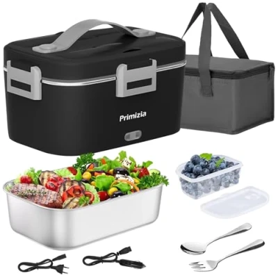 Afbeelding van Primizia elektrische lunchbox, voedselwarmer (75 W/12 V/24 V/220 V), 1,8 l, draagbare broodtrommel voor huishouden en auto, container van roestvrij staal 304, zwart