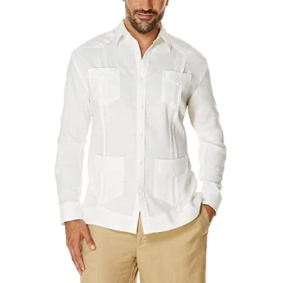 Afbeelding van Cubavera Guayabera Mini overhemd met lange mouwen en knopen zakken voor heren, Briljant wit, XL