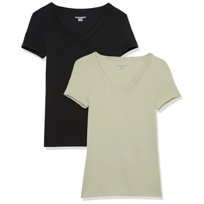Afbeelding van Amazon Essentials Women&#039;s T shirt met korte mouwen en V hals in slanke pasvorm, Pack of 2, Saliegroen/Zwart, L