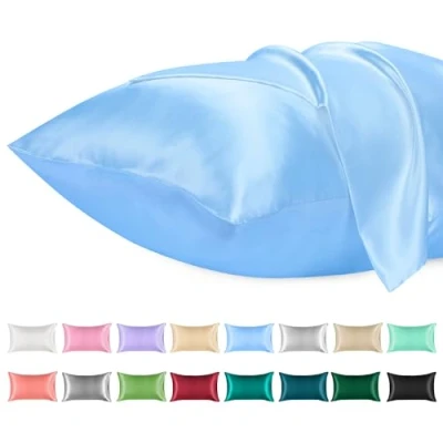 Afbeelding van Lirex 2 Pack Satijnen Kussenslopen, Standaard Formaat Zacht Effen Kleur Microfiber Kussensloop, Envelop Sluiting Kreukvrij Vervagingsbestendig Ademend, Lichtblauw