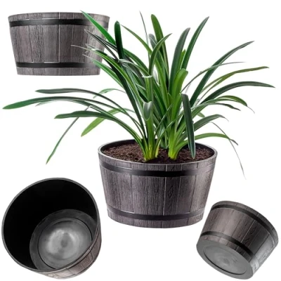 Afbeelding van KADAX Plantenpot in houten vatdesign, ø 50 cm, van weerbestendig kunststof, voor tuin, terras en balkon, decoratieve bloempot, bloempot of bruin, vijver met wateremmer