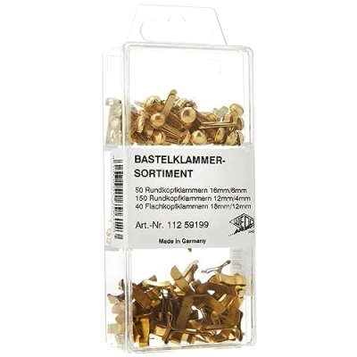 Afbeelding van Wedo 11259199 Assortiment knutselklemmen, 240 stuks, platte kop en ronde kop, 3 verschillende maten in praktische doos, messing