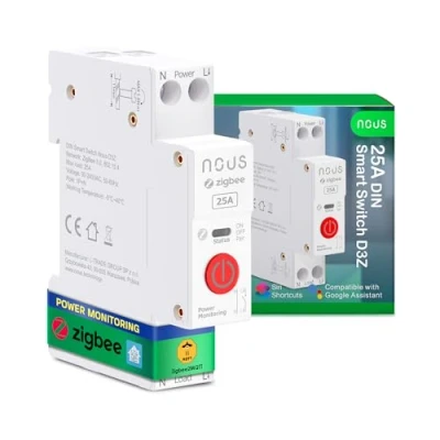 Afbeelding van Nous Zigbee DIN Schakelaar, 25A Slimme Schakelaar met Energiemonitoring, Compatibel Zigbee2MQTT, Home Assistant, Alexa en Google Home, App bediening, Stembediening
