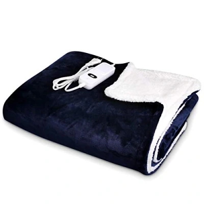 Afbeelding van Navaris XXL elektrisch poncho deken Met 3 warmtestanden, timer en automatische uitschakeling Wasbaar warmtedeken van 130 x 180 cm Blauw/wit