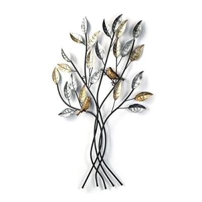 Afbeelding van MUURDECORATIE Boom met vogels Metaal, 76 cm, zilver/goud metalen plaatjes, wandreliëf, wandbeeld, wandsculptuur
