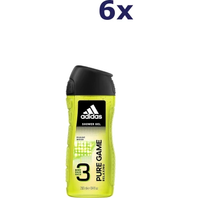 Afbeelding van adidas Pure Game 3 in 1 douchegel voor heren, reinigt lichaam en haar, verpakking van 6 stuks (6 x 250 ml)