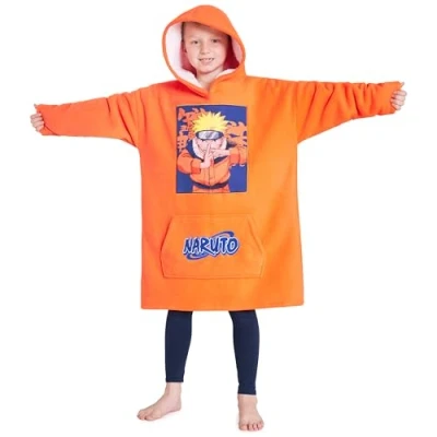 Afbeelding van Naruto Trui voor kinderen, oversized fleece sweatshirt, geruite poncho, gevoerd met sherpa, anime manga cadeau kinderen en tieners, Oranje, Eén maat