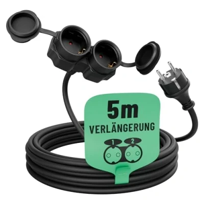 Afbeelding van greate 2 voudige verlengkabel voor buiten, 5 meter, waterdicht IP44 meervoudige stekkerverlengkabel m, 3500 W,
