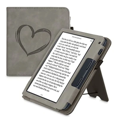 Afbeelding van kwmobile E reader hoesje geschikt voor Kobo Libra 2 hoes flip case van kunstleer Ereader cover met stand Brushed Hart design in grijs